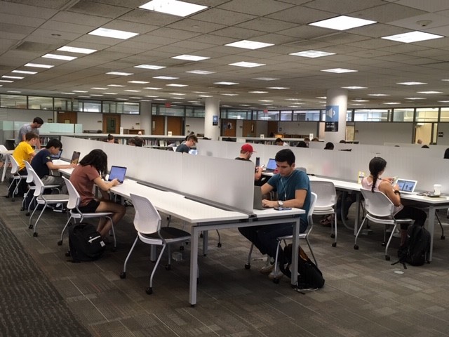 Students sit at new tables with privacy screens in the Hagerty Library